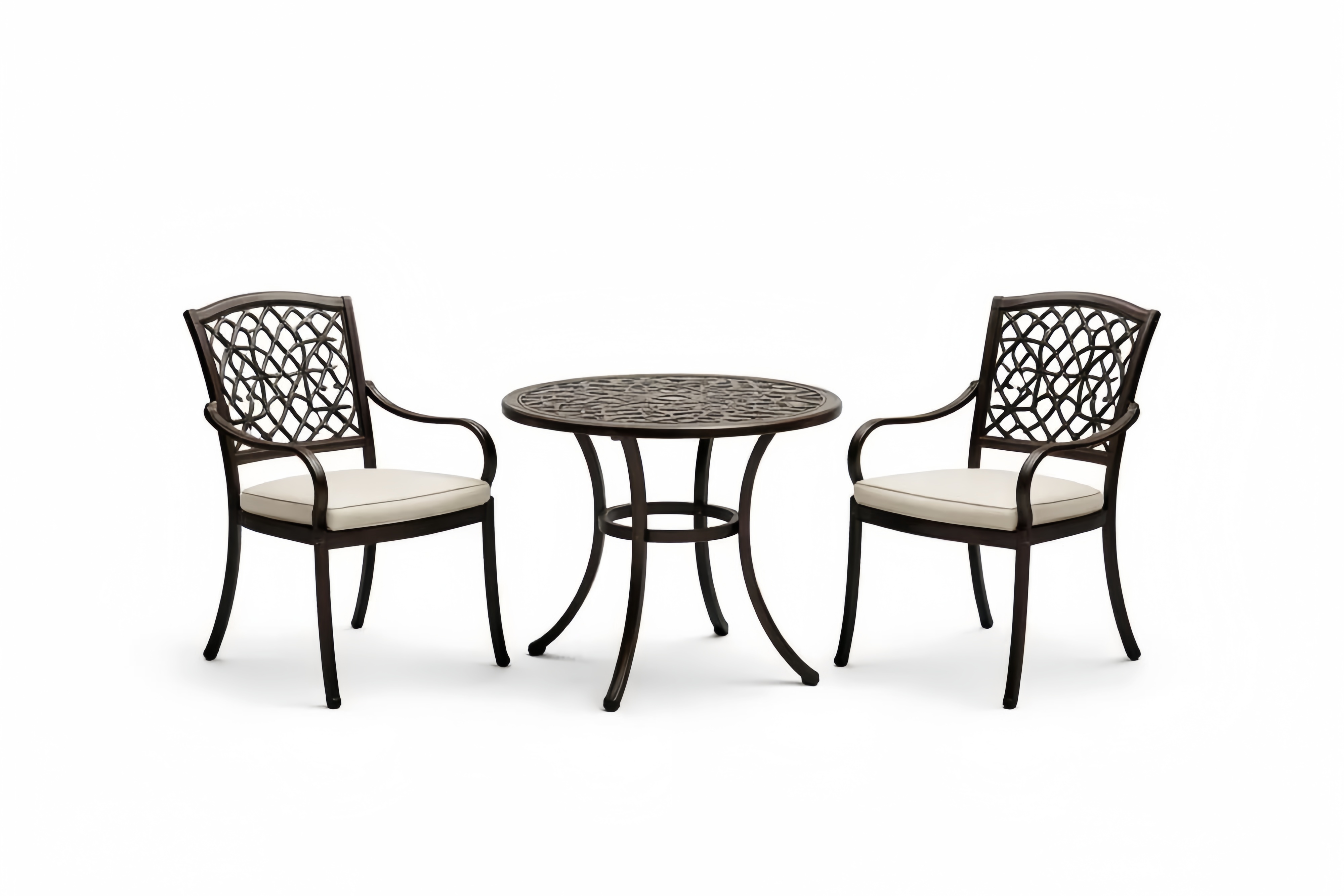 3-Piece Cast Aluminum Brown Patio Bistro Set with Cushions