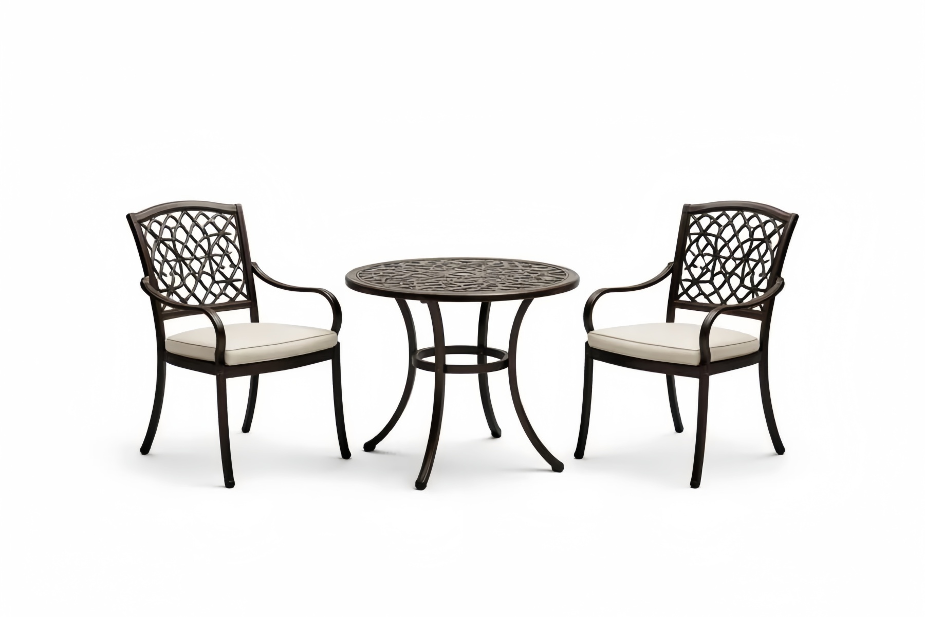 3-Piece Cast Aluminum Brown Patio Bistro Set with Cushions