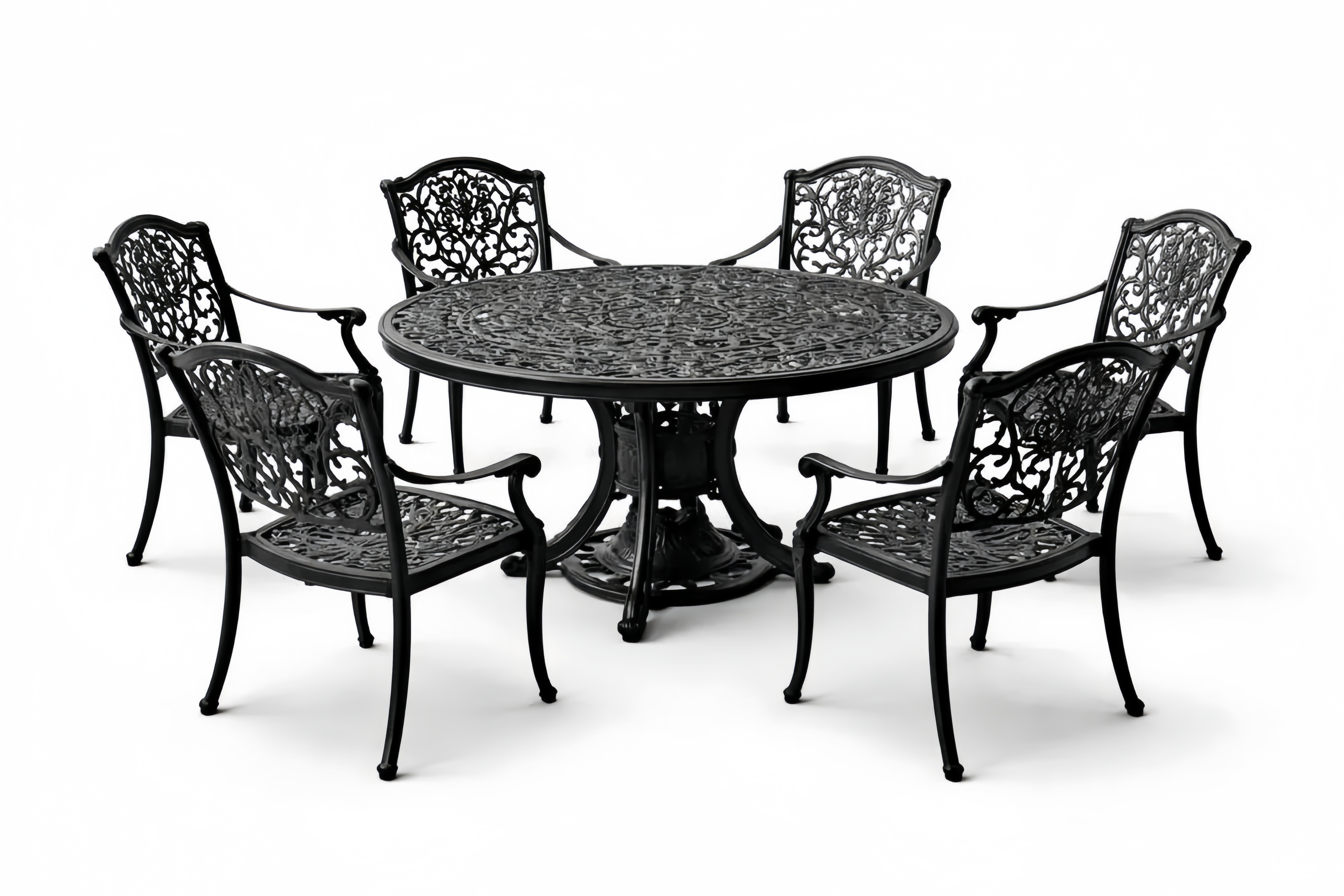 Outdoor Cast Aluminum Patio Dining Set with Round Table and Six Chairs Black
