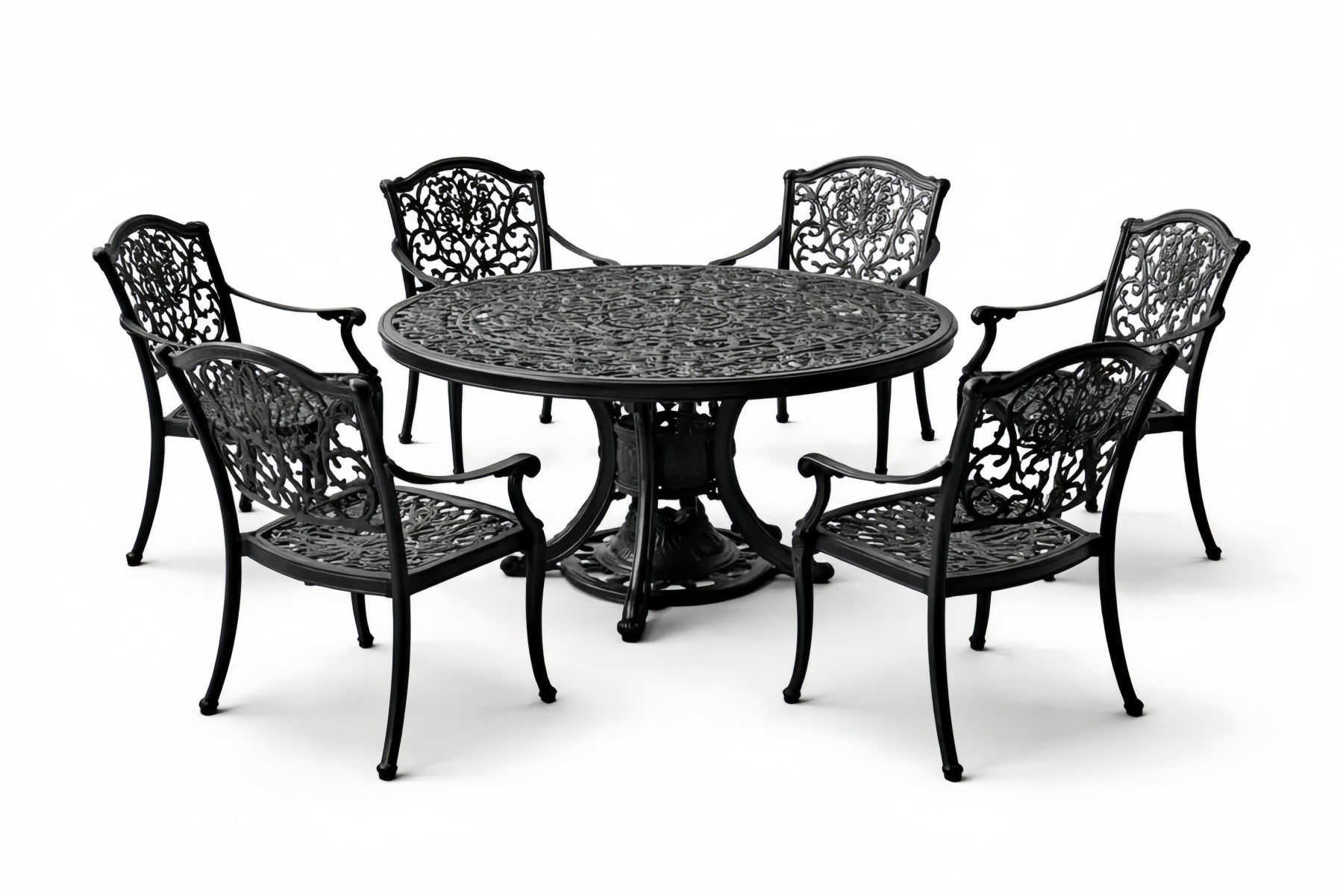 Outdoor Cast Aluminum Patio Dining Set with Round Table and Six Chairs Black
