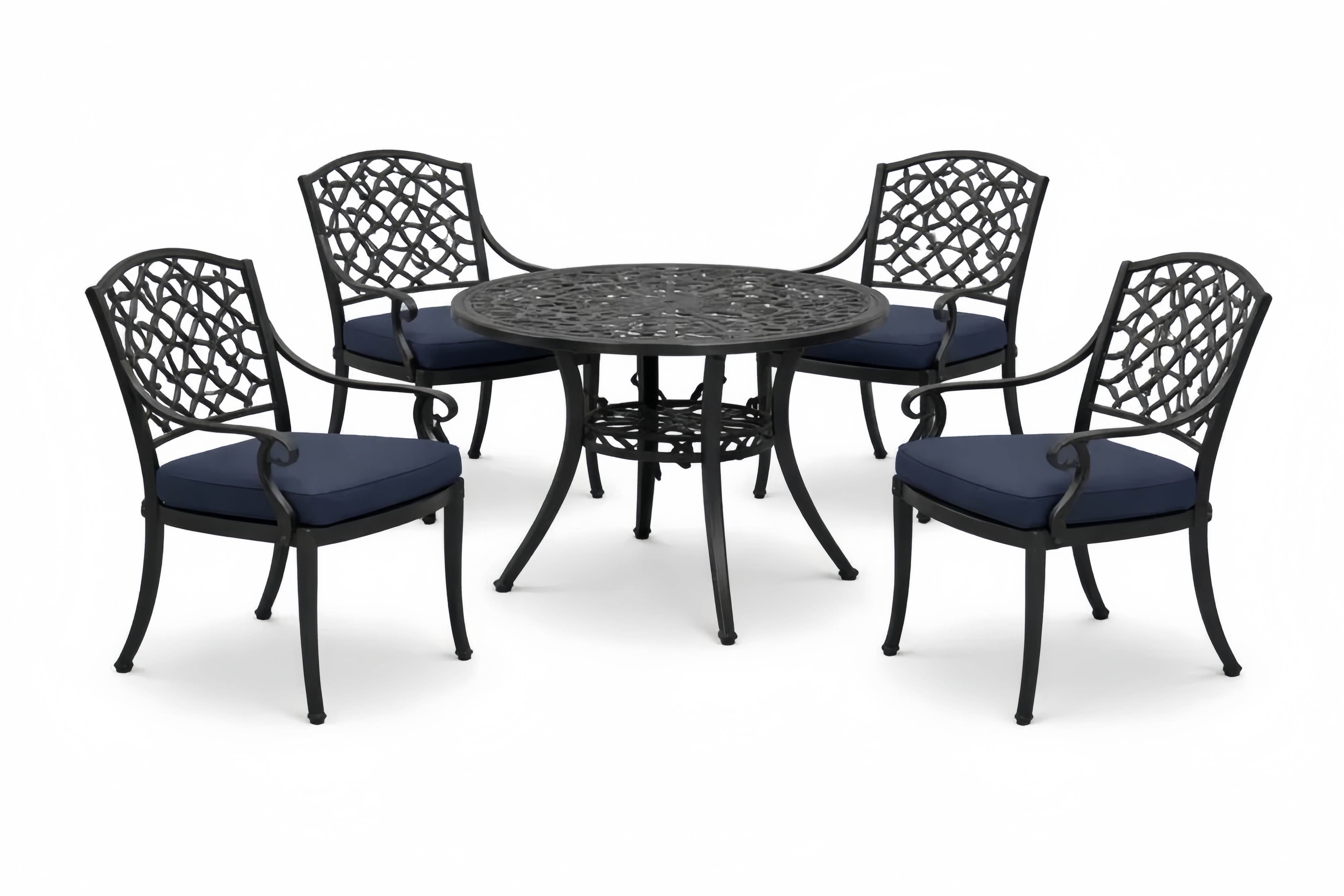 5-Piece Cast Aluminum Outdoor Dining Set with Cushioned Chairs and Round Table Black/Blue
