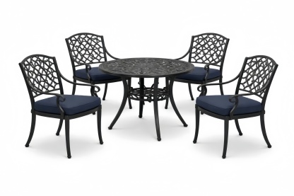 5-Piece Cast Aluminum Outdoor Dining Set with Cushioned Chairs and Round Table Black/Blue