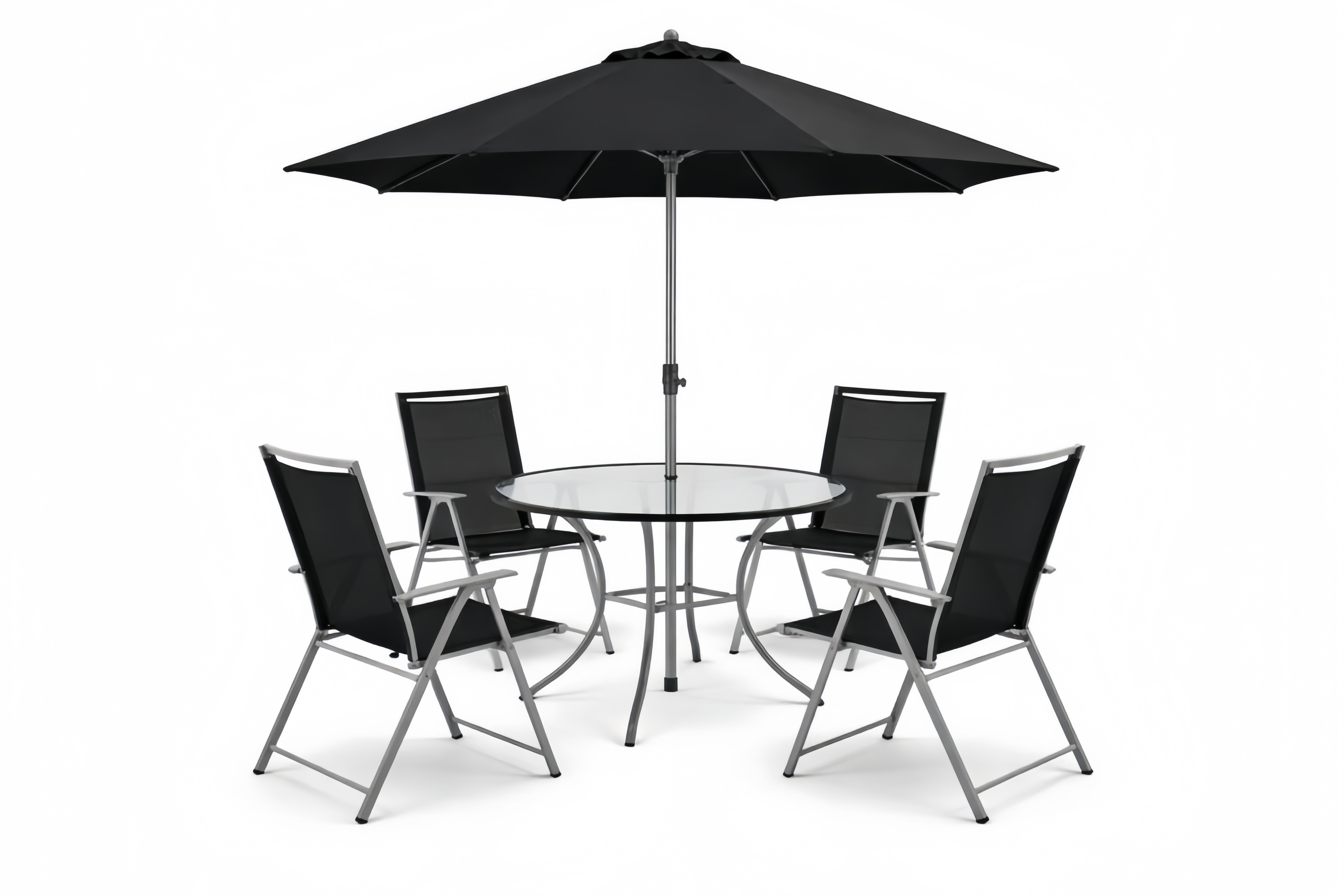 Black Outdoor Table and Chairs Set with Umbrella Tempered Glass Tabletop and Metal Frame