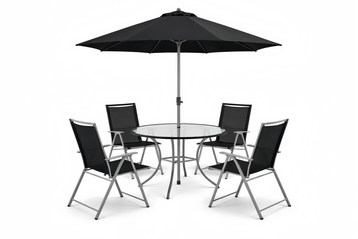 Black Outdoor Table and Chairs Set with Umbrella Tempered Glass Tabletop and Metal Frame