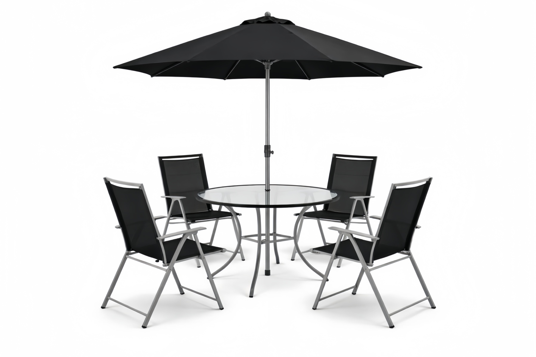 Black Outdoor Table and Chairs Set with Umbrella Tempered Glass Tabletop and Metal Frame