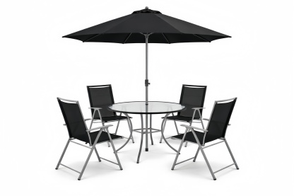 Black Outdoor Table and Chairs Set with Umbrella Tempered Glass Tabletop and Metal Frame