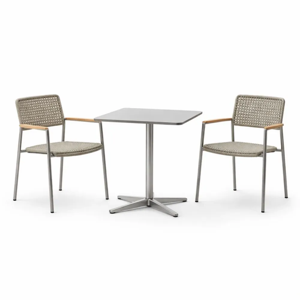 Outdoor Dining Set with Square Table and Two Woven Chairs Stainless Steel Frame Beige