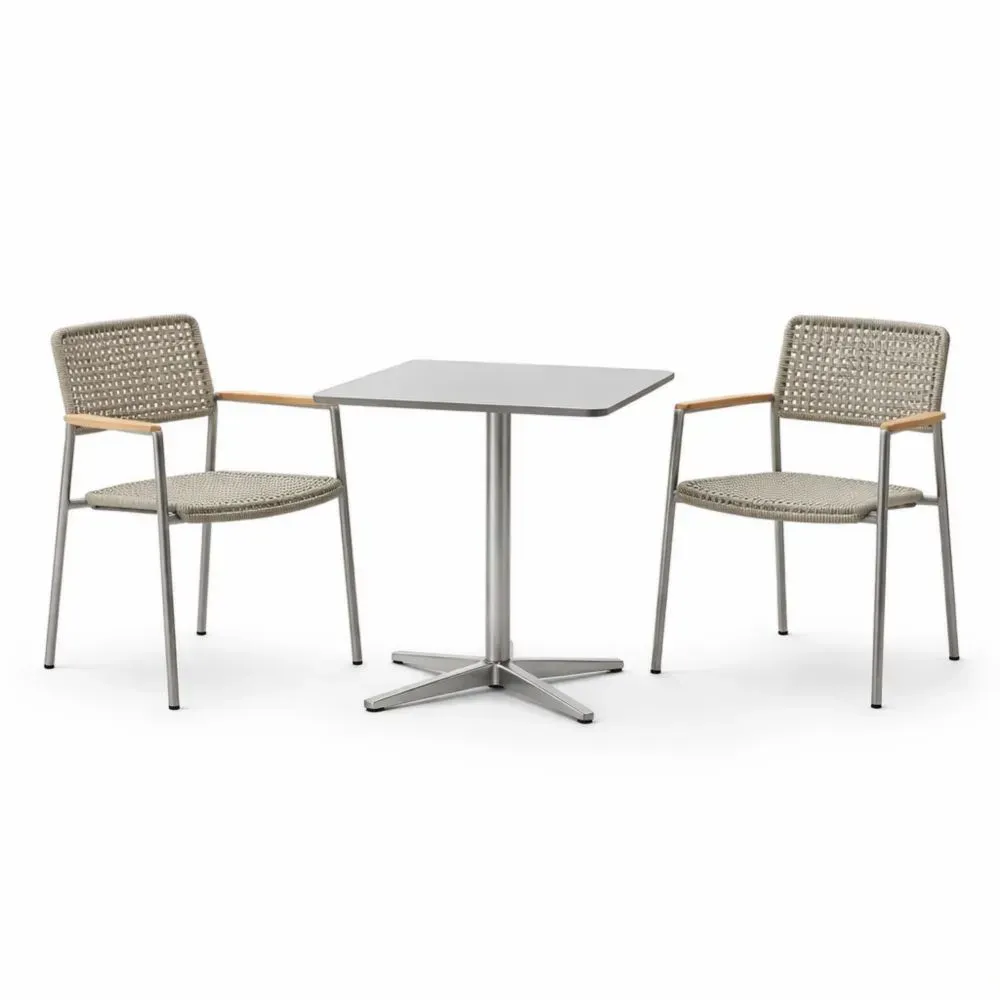 Outdoor Dining Set with Square Table and Two Woven Chairs Stainless Steel Frame Beige