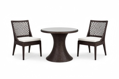 Outdoor Wicker Dining Set with Round Table and Two Chairs - Brown