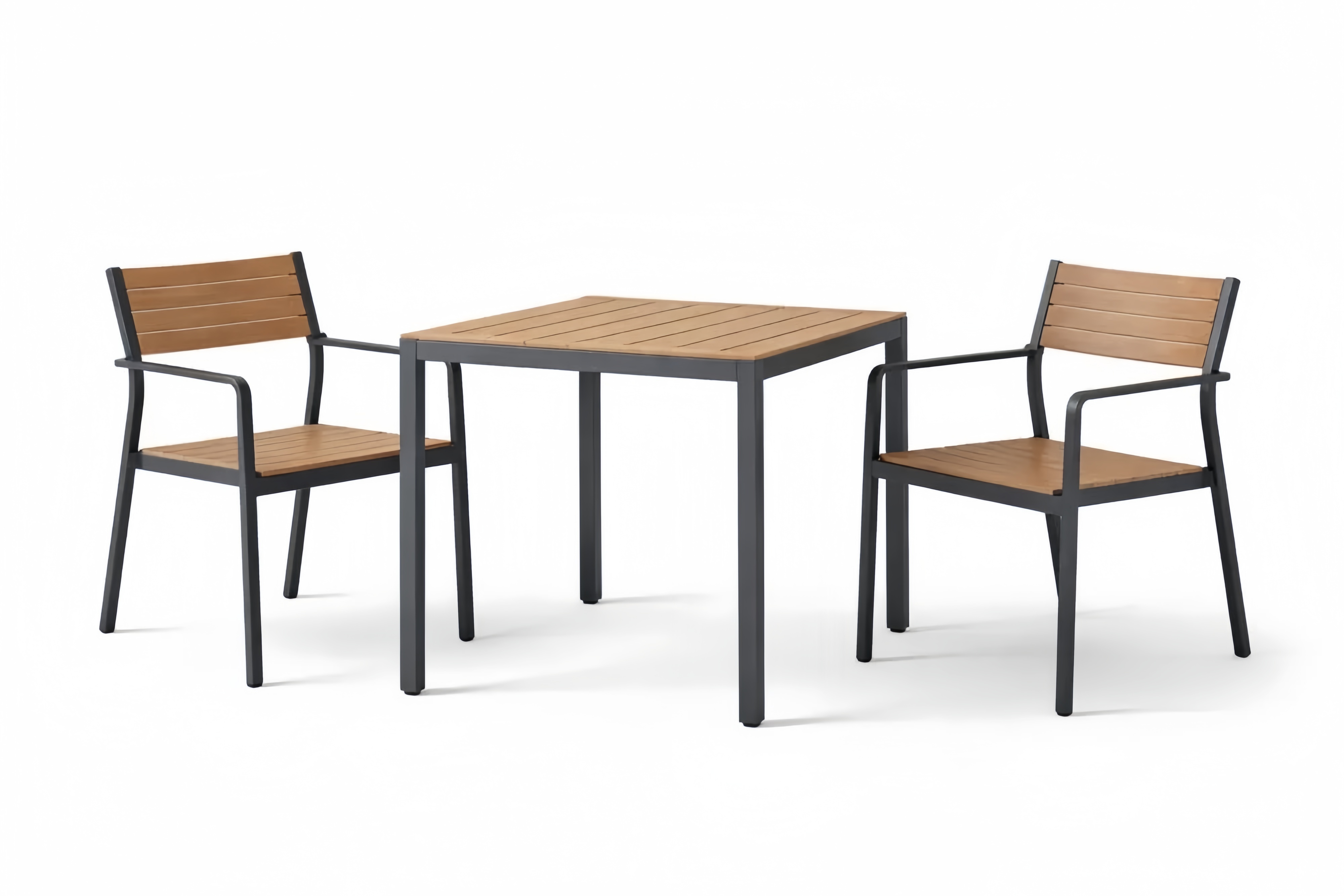 Outdoor Patio Dining Set with Square Table and Two Armchairs, Aluminum Frame, Wood Finish