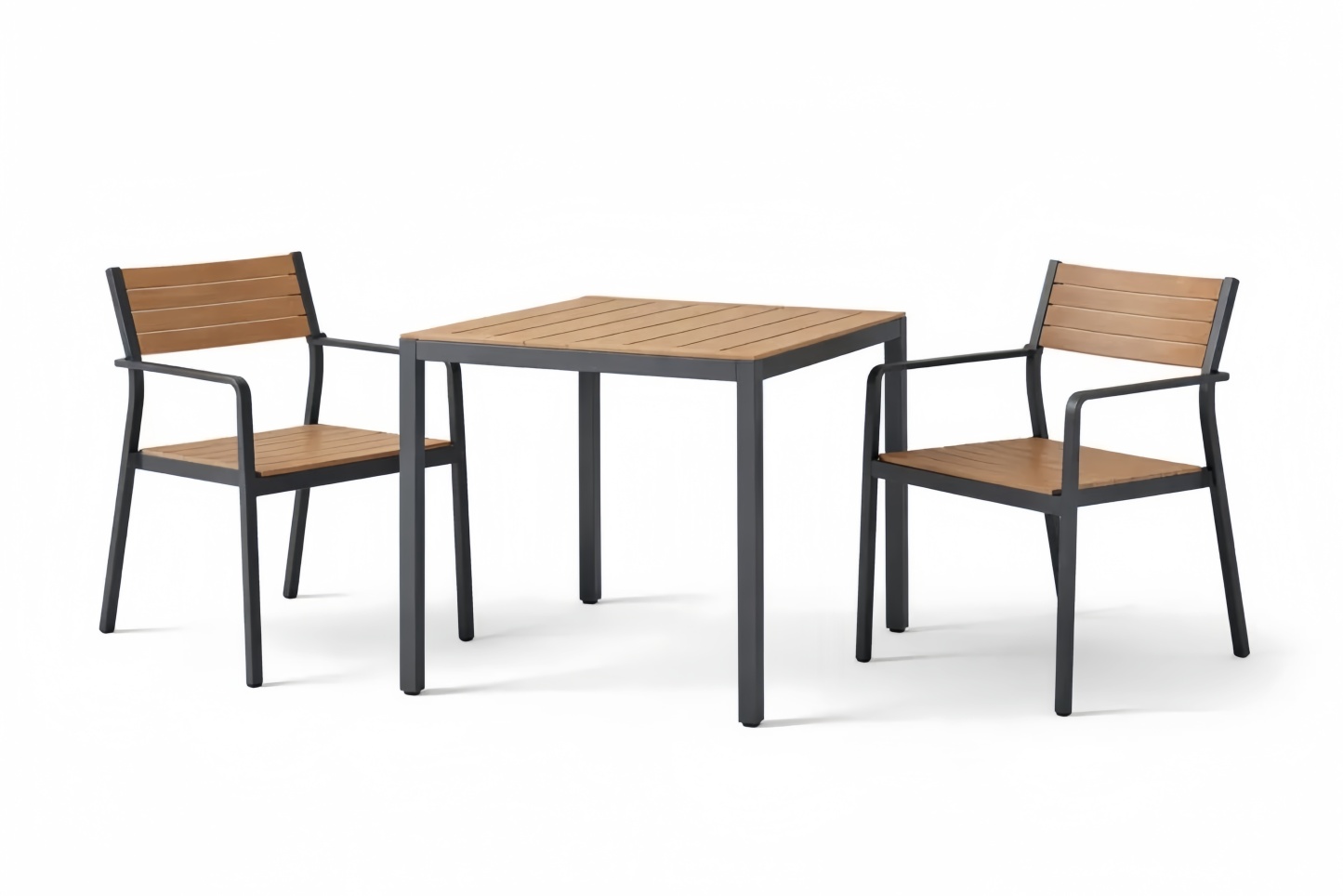 Outdoor Patio Dining Set with Square Table and Two Armchairs, Aluminum Frame, Wood Finish