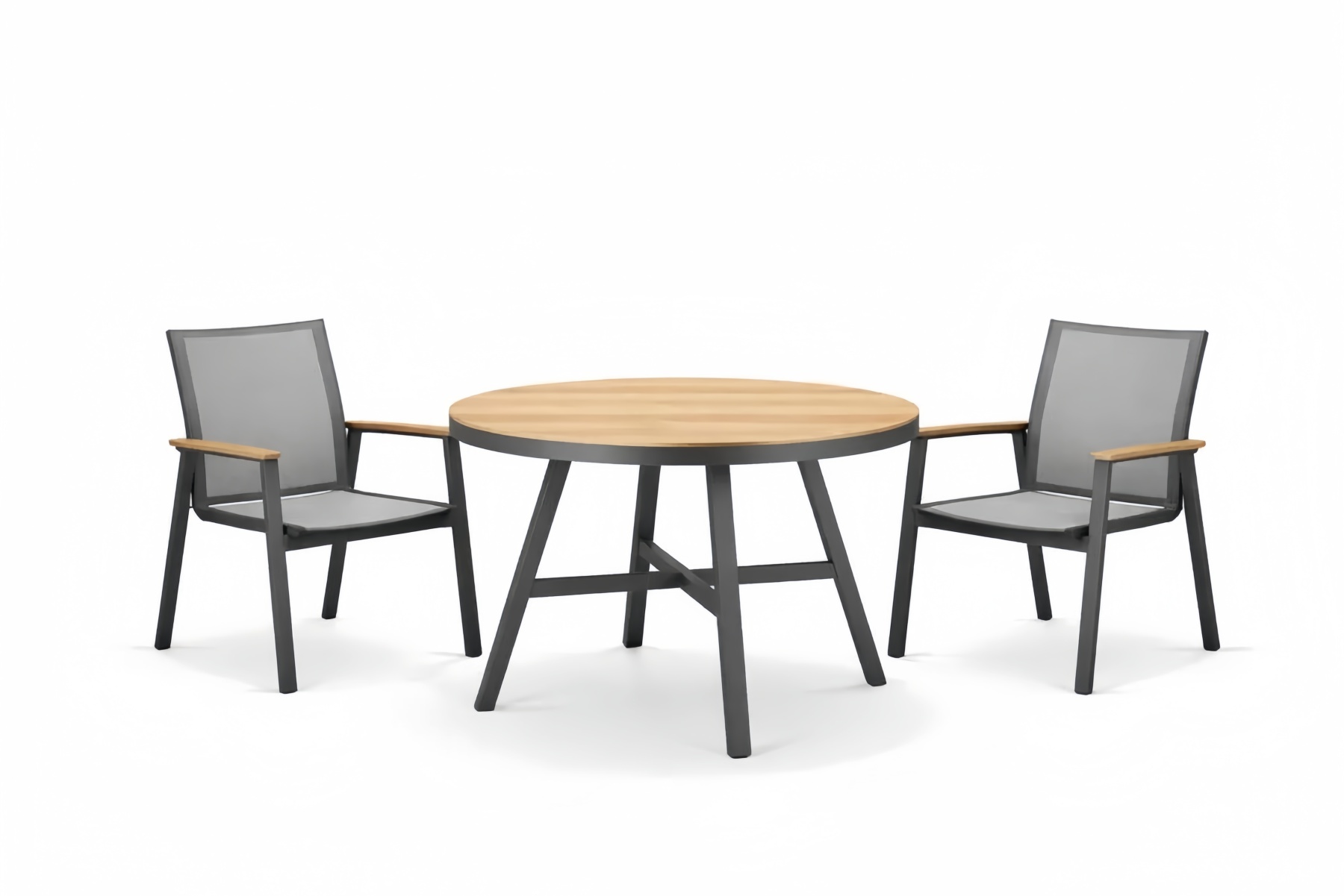 3-Piece Outdoor Dining Set Round Table and Two Armchairs with Wood and Metal in Black and Gray