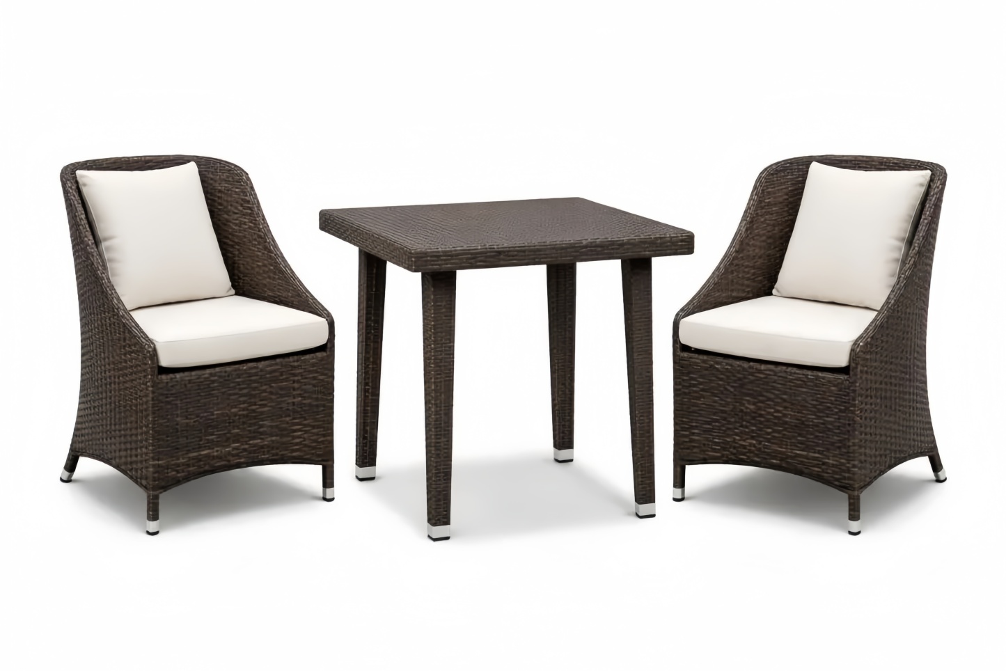 Brown Outdoor Rattan Bistro Set with Square Table and Cushioned Chairs