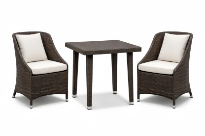 Brown Outdoor Rattan Bistro Set with Square Table and Cushioned Chairs