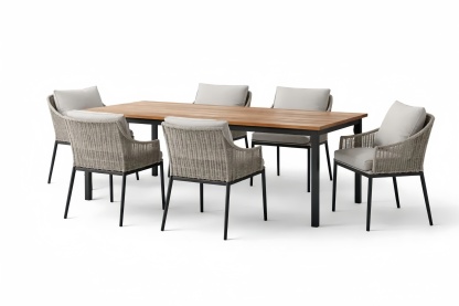 Outdoor Dining Set with Teak Table and Wicker Chairs