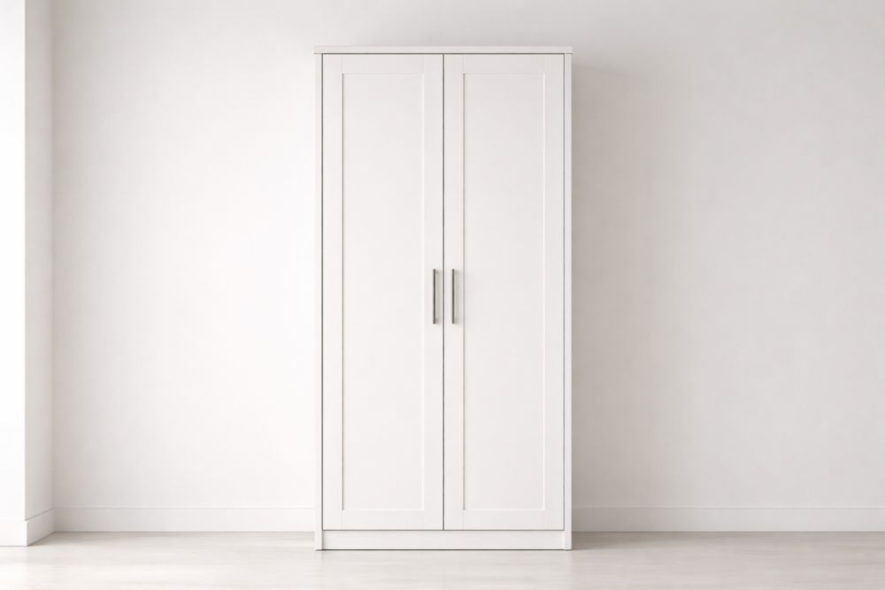 White Two-Door Wooden Wardrobe with Metal Handles-Verdandora