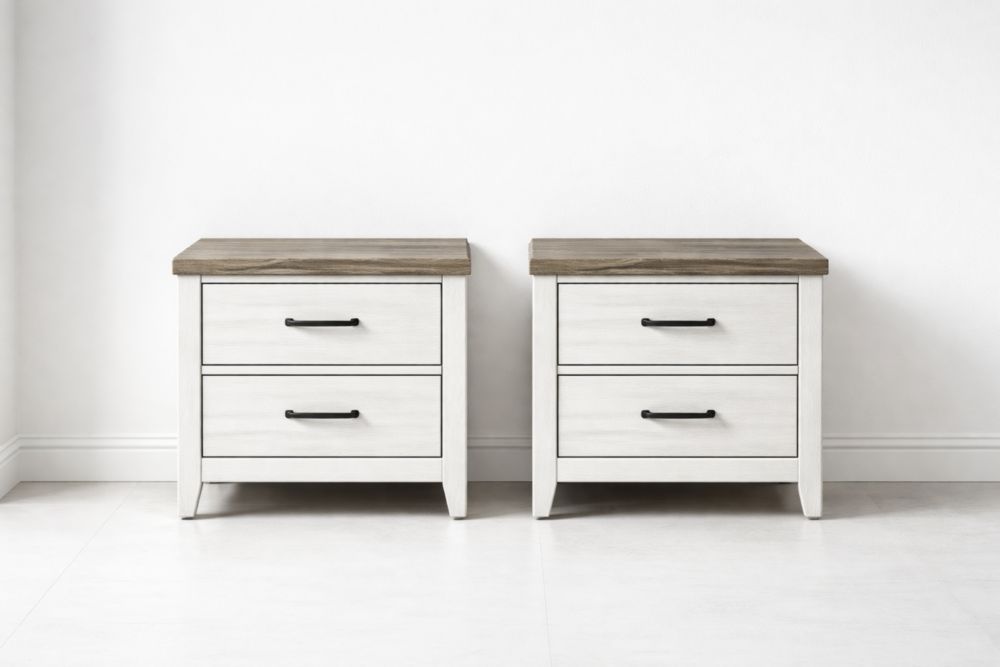Set of 2 White and Brown 2-Drawer Nightstands-Verdandora
