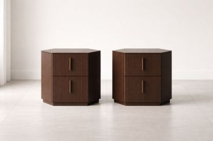 Hexagonal Walnut Wood Nightstand Set with Two Drawers-Verdandora
