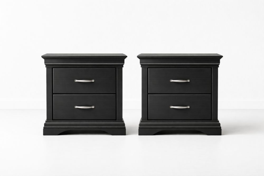 Black Wooden Nightstand Set with Two Drawers and Metal Handles-Verdandora