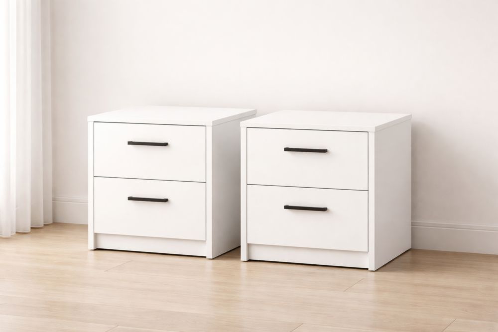 Set of 2 White Wooden Nightstands with Two Drawers and Black Handles-Verdandora