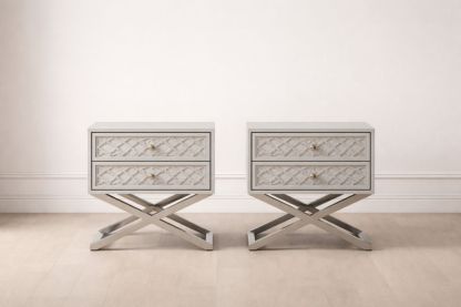 Set of 2 Gray Wooden Nightstands with 2 Drawers and X-Shaped Metal Legs-Verdandora