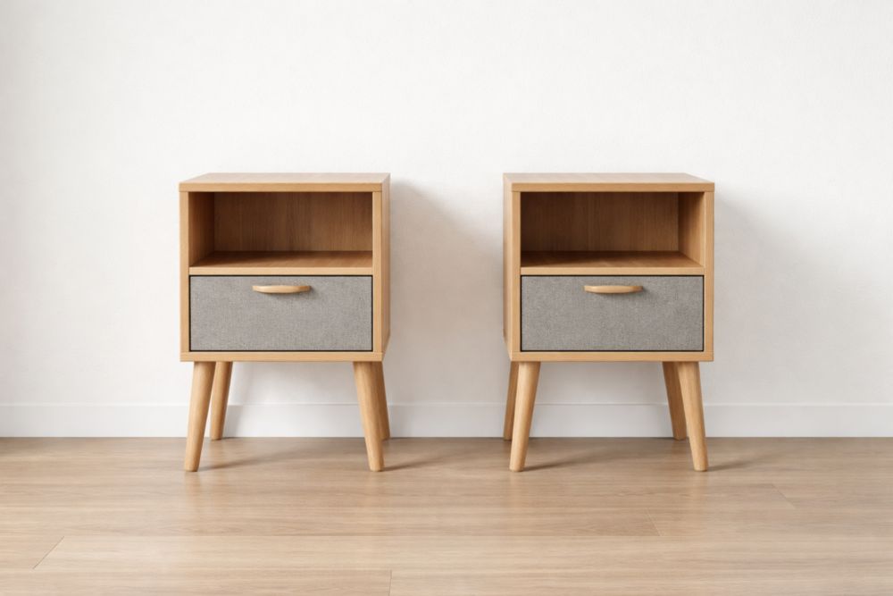 Set of 2 Oak Nightstands with Fabric Drawer and Open Shelf-Verdandora
