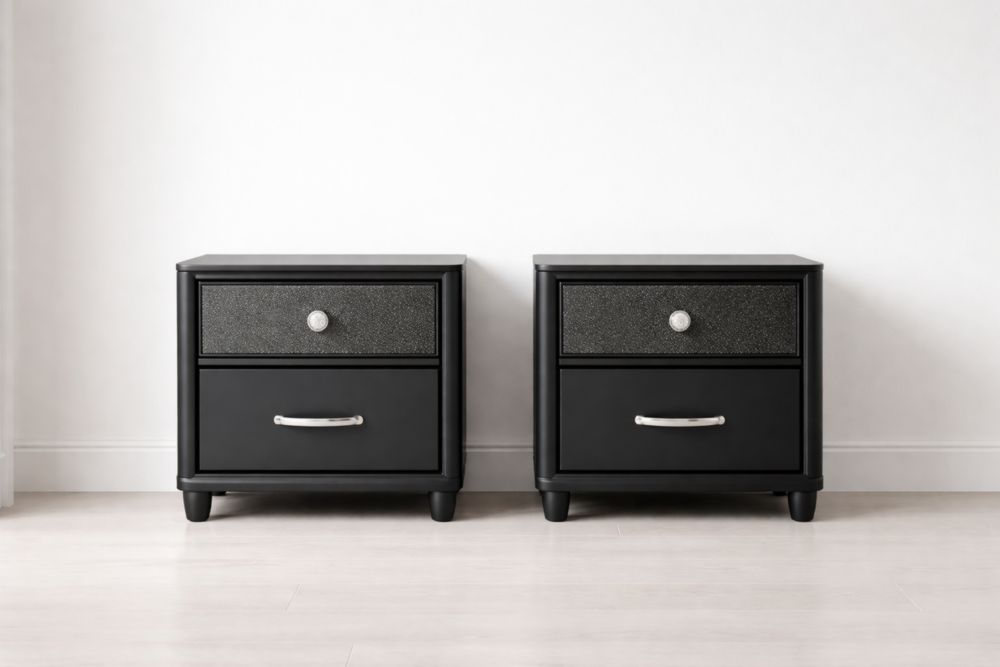 Set of 2 Black MDF Nightstands with Drawers and Metal Handles-Verdandora
