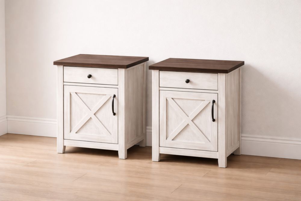 Set of Two Wooden Nightstands with Drawer and Cabinet in White/Brown-Verdandora
