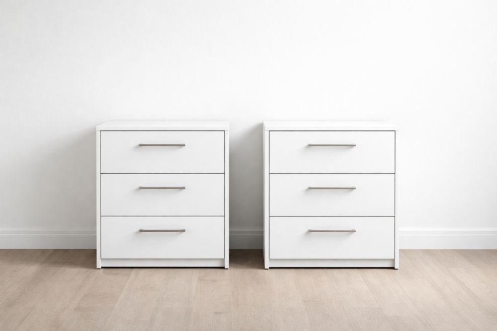 White MDF 3-Drawer Nightstand Set with Stainless Steel Handles-Verdandora