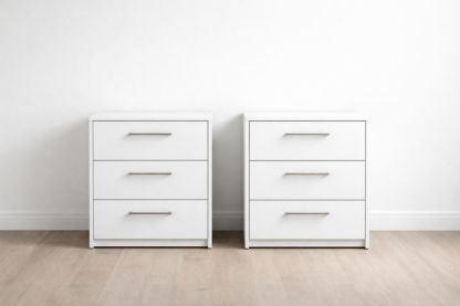 White MDF 3-Drawer Nightstand Set with Stainless Steel Handles-Verdandora