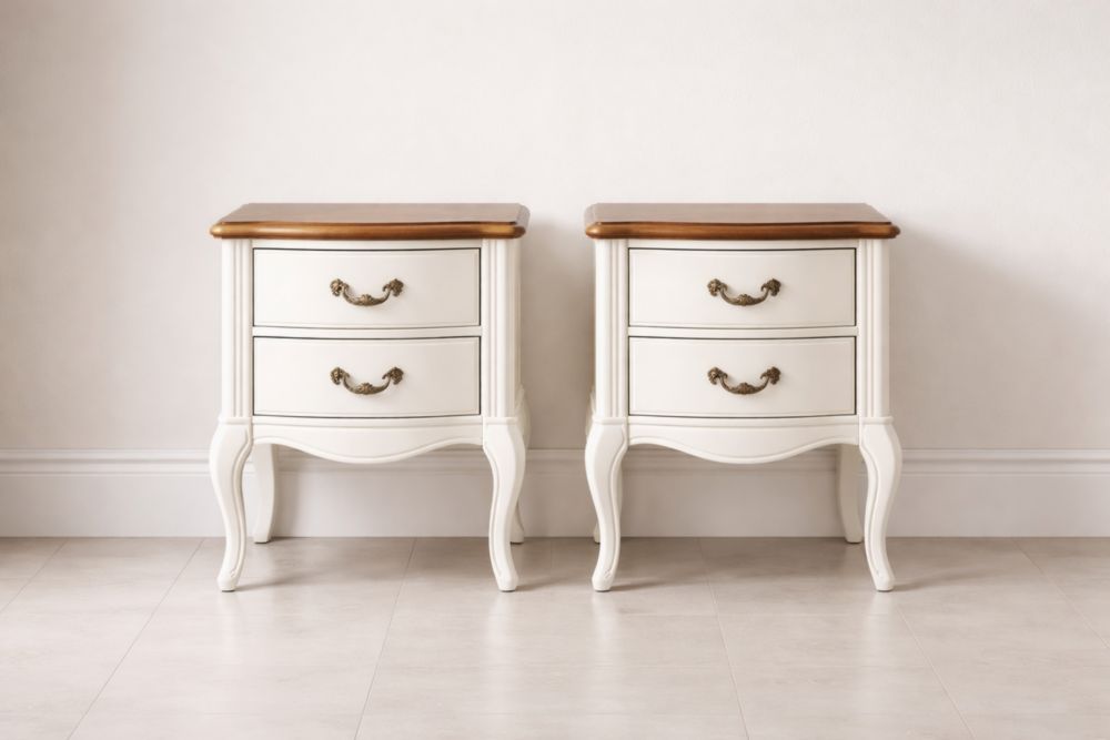 Set of 2 Nightstands with 2 Drawers Ivory and Wood Finish-Verdandora