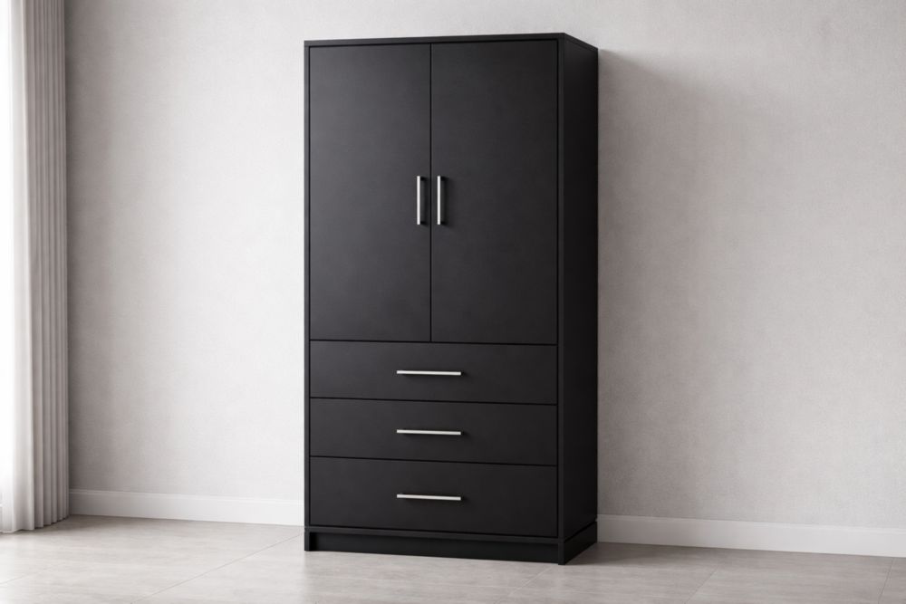 Black Engineered Wood Wardrobe with Three Drawers and Two Doors-Jardinserio