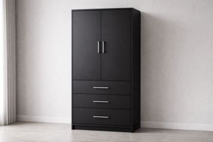 Black Engineered Wood Wardrobe with Three Drawers and Two Doors-Jardinserio
