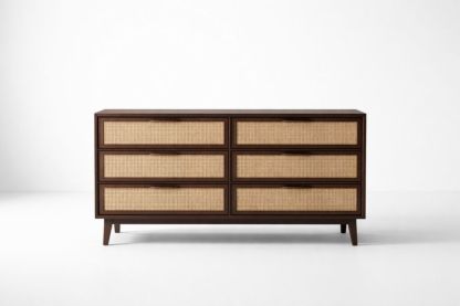 Six-Drawer Dresser Wooden Frame Rattan Panels-Jardinserio