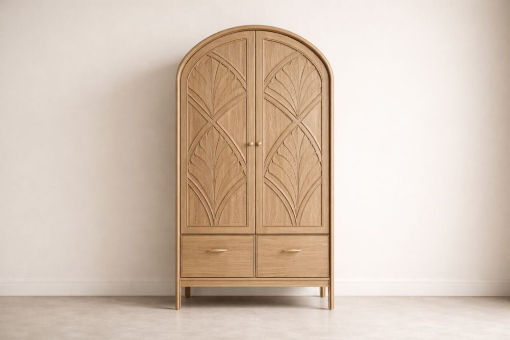 Wooden Arched Wardrobe with Carved Doors and Drawers-Jardinserio