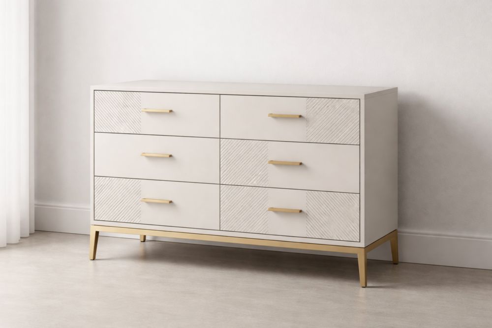 6-Drawer Dresser White MDF with Gold Metal Handles-Jardinserio