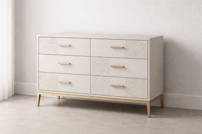 6-Drawer Dresser White MDF with Gold Metal Handles-Jardinserio
