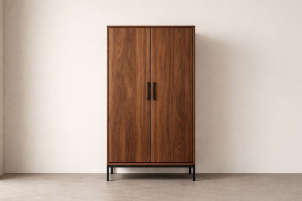Walnut Wardrobe with Double Doors and Metal Base-Jardinserio