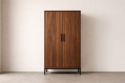 Walnut Wardrobe with Double Doors and Metal Base-Jardinserio