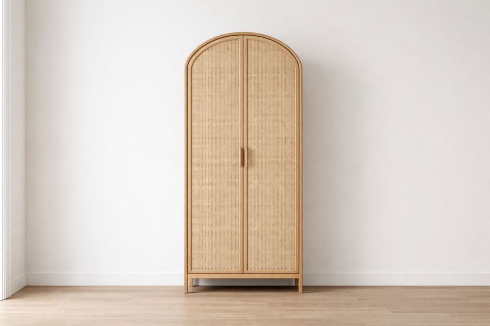 Rattan Arched Wardrobe Cabinet Natural Finish 200cm x 90cm x 50cm-Jardinserio