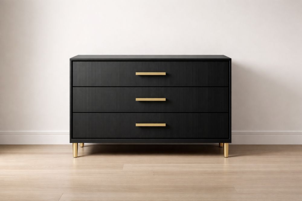 3-Drawer Black Wood Dresser with Gold Metal Handles-Jardinserio