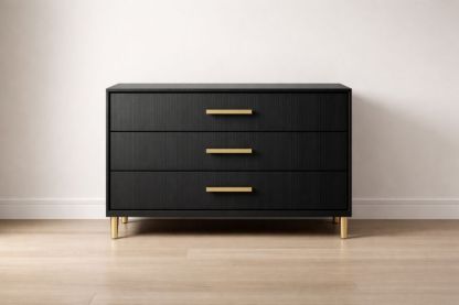 3-Drawer Black Wood Dresser with Gold Metal Handles-Jardinserio