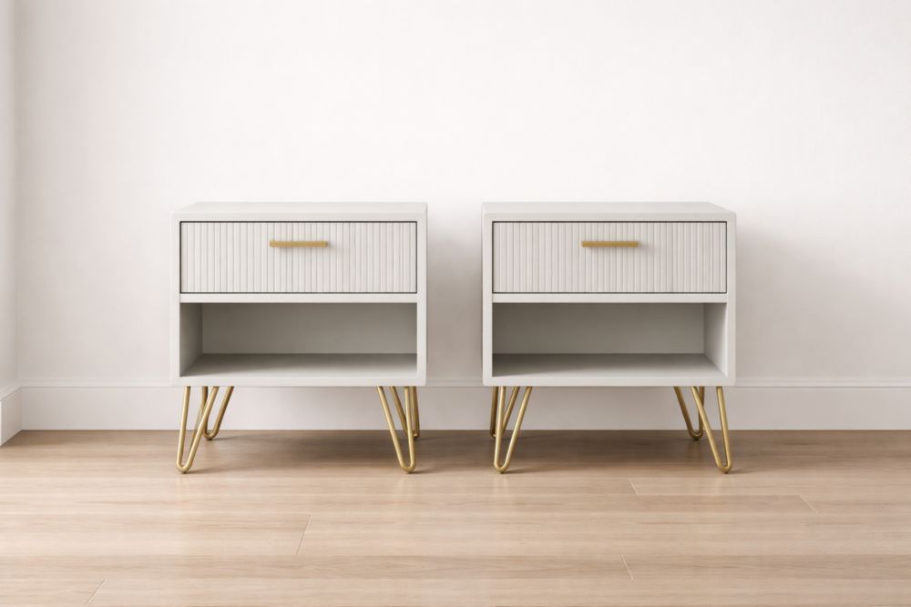 Set of 2 White Nightstands with Drawer and Open Shelf-Jardinserio