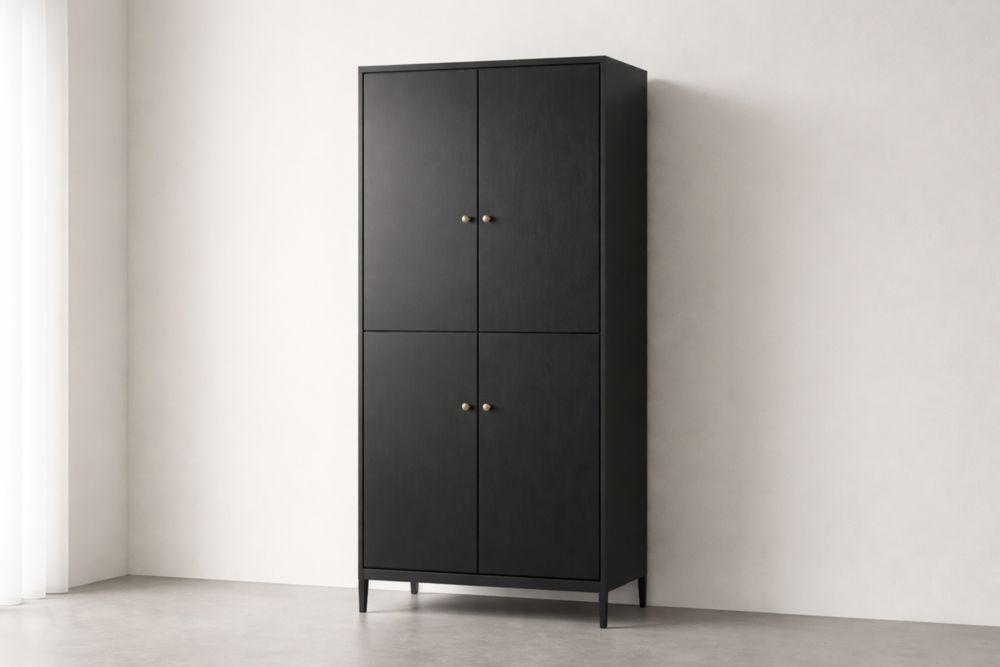 Black Wood Wardrobe with Four Doors and Metal Knobs-Jardinserio