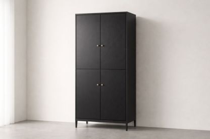 Black Wood Wardrobe with Four Doors and Metal Knobs-Jardinserio