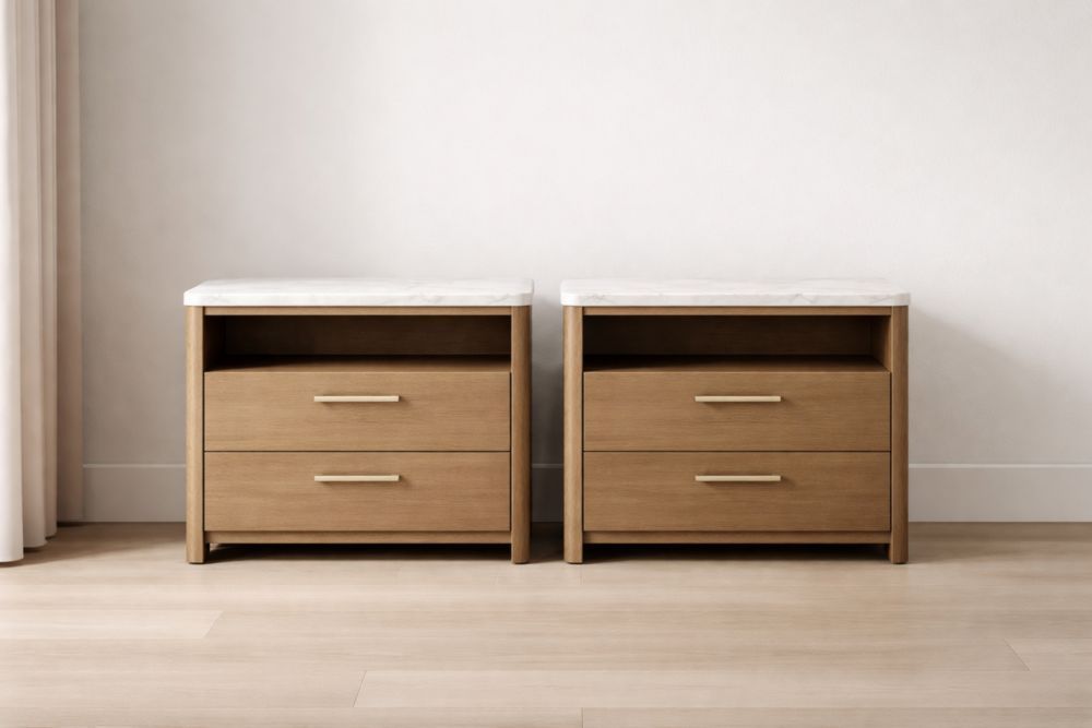 Pair of Wooden Nightstands with Marble Top and Two Drawers-Jardinserio
