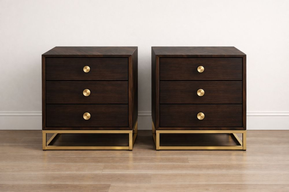 Dark Wood Nightstand Set with Three Drawers and Gold Metal Base-Jardinserio