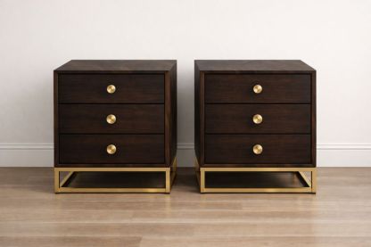 Dark Wood Nightstand Set with Three Drawers and Gold Metal Base-Jardinserio