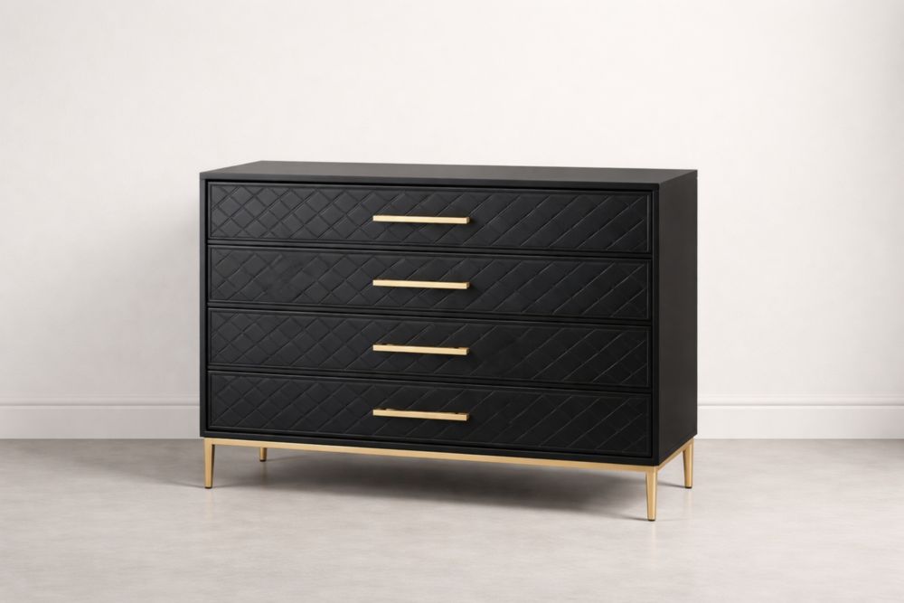 Black 4-Drawer Dresser with Gold Metal Legs-Jardinserio