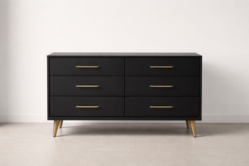 Black Dresser with Six Drawers and Gold Metal Handles-Jardinserio
